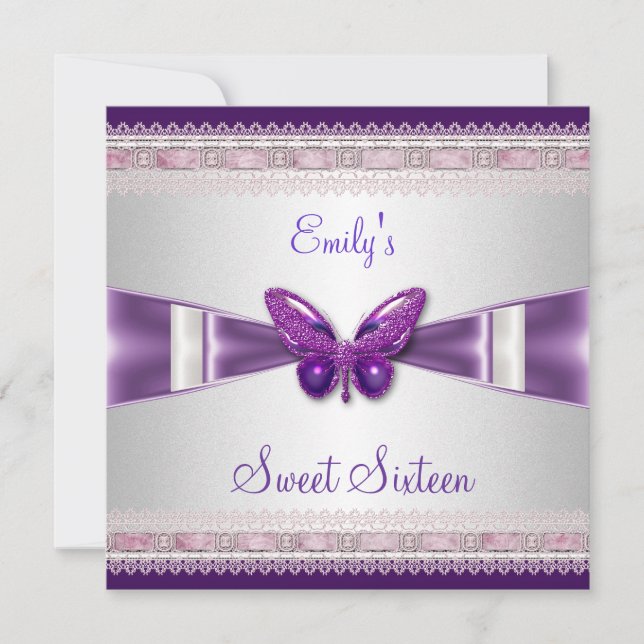 Convite Sweet 16 White Purple Butterfly (Frente)
