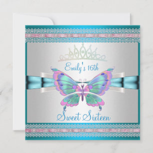 Convite Sweet 16 White Teal Blue Borboleta Rosa