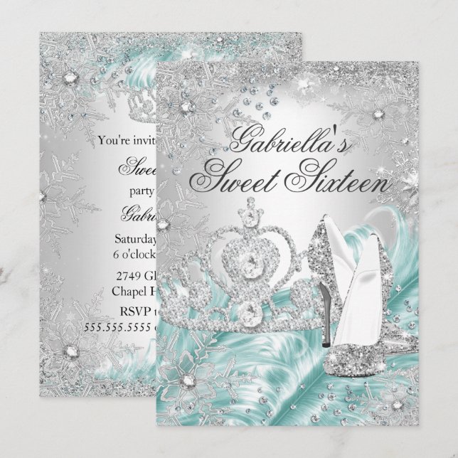 Convite Sweet 16 Winter Sparkle Snowflake Azul (Frente/Verso)