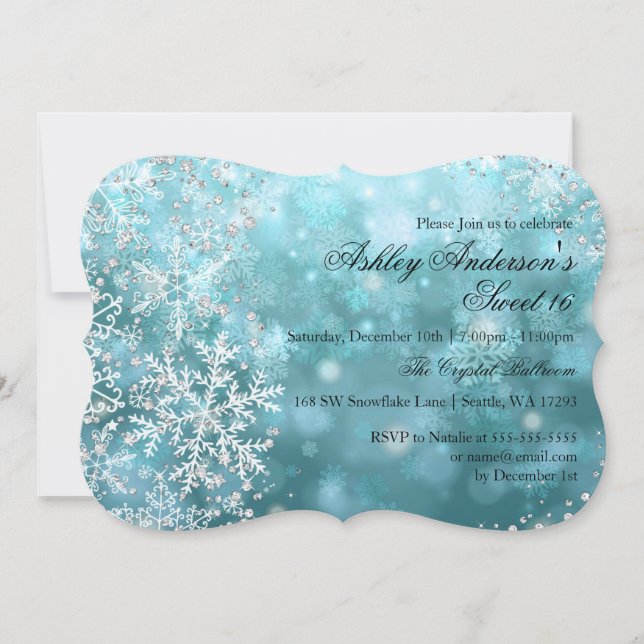Convite Sweet 16 Winter Wonderland Sparkle Snowflakes (Frente)