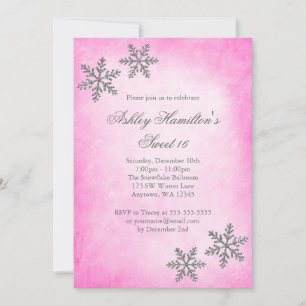 Convite Sweet 16 Winter Wonderland Sparkle Snowflakes Pink
