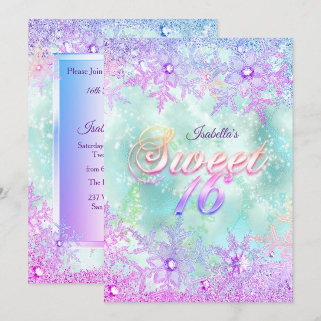 Convite Sweet 16 Winter Wonderland Teal Blue Roxo (Frente/Verso)