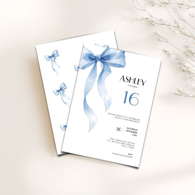 Convite Sweet 16th Birthday Invitation Blue Bow for Girls (Blue bow coquette 16th birthday invitation for girls)