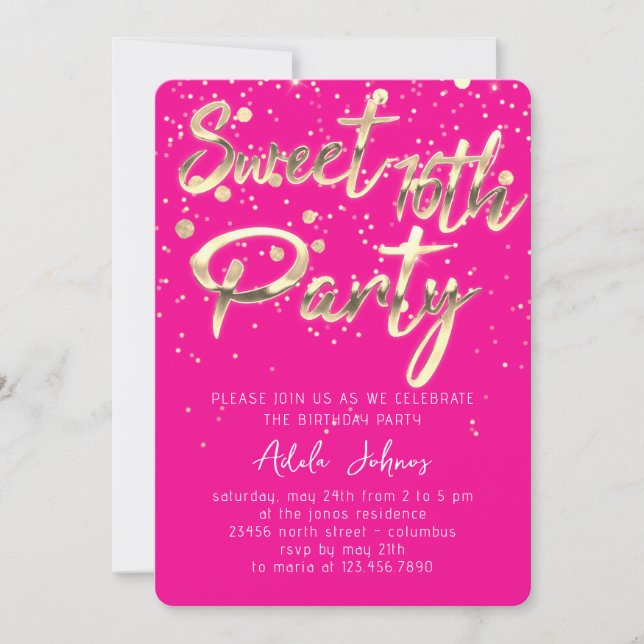 Convite Sweet 16th Instant Download Dourado Confetti Rosa (Frente)