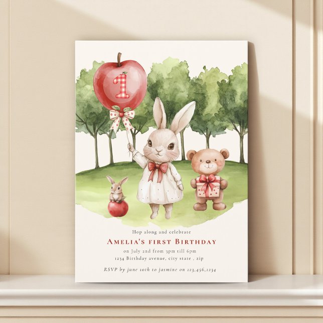 Convite Sweet  1st Bunny Apple  Birthday Invitation (Criador carregado)
