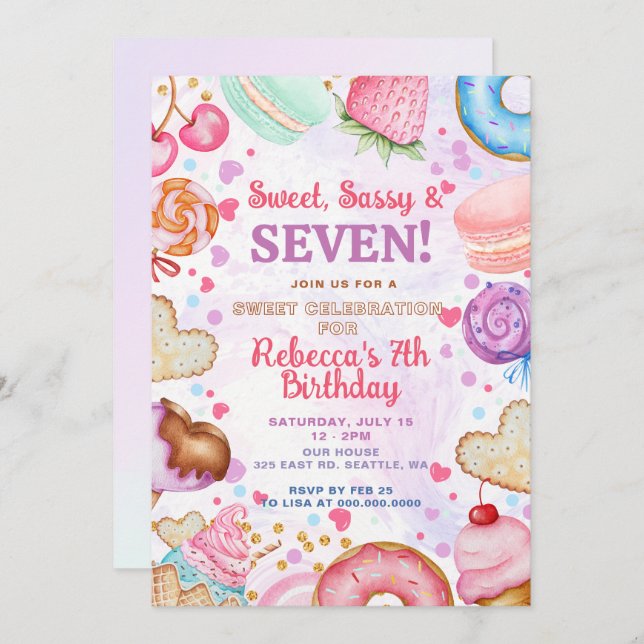 Convite Sweet and Sassy 7th Birthday Party (Frente/Verso)