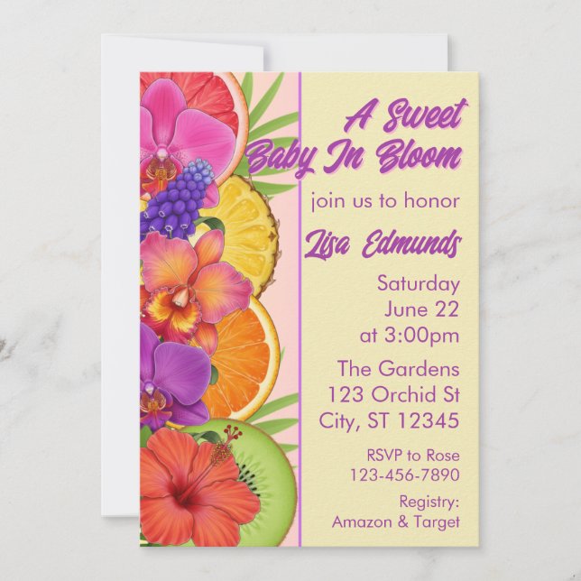 Convite Sweet Baby in Bloom, flowers & fruit baby shower (Frente)