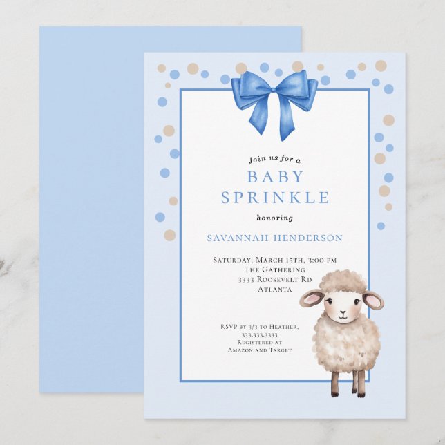 Convite Sweet Blue Baby Sprinkle with Bow & Cute Lamb  (Frente/Verso)