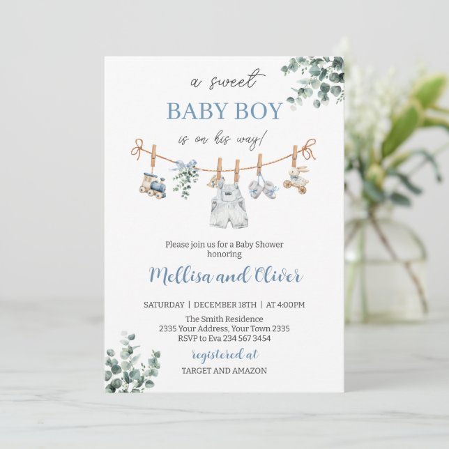 Convite Sweet Boho Neutral Clothesline Boy Baby Shower (Em pé/Frente)