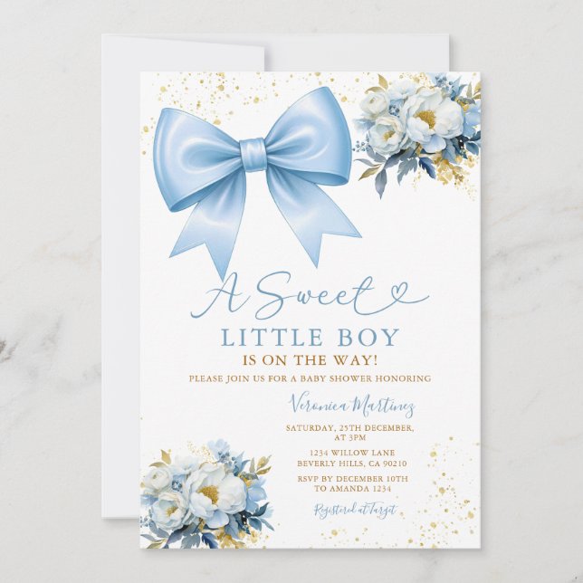 Convite Sweet Boy Blue Bow Coquette Baby Shower Floral (Frente)
