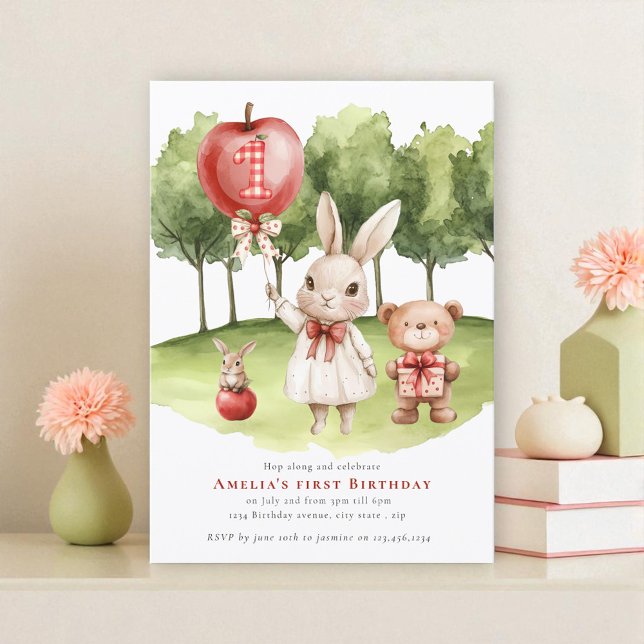Convite Sweet Bunny Apple First Birthday Invitation (Criador carregado)