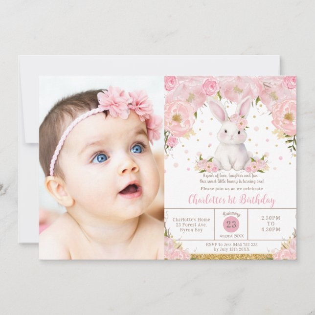 Convite Sweet Bunny Rabbit Pink 1st 2nd 3rd Birthday Photo (Frente)