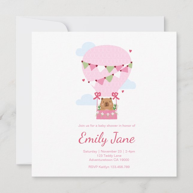 Convite Sweet Capybara Baby Shower Invitation Baby Girl (Frente)
