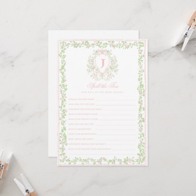 Convite Sweet Crest | Spill the Tea Bridal Shower Game  (Frente/Verso In Situ)