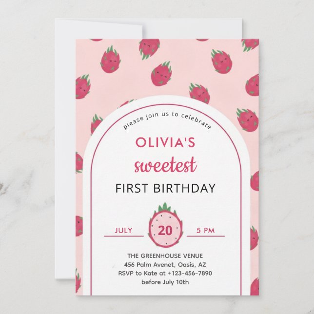Convite Sweet Dragon Fruit First Birthday Invitation (Frente)