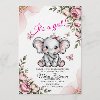 Convite Sweet Elephant & Floral Baby Shower Invitation