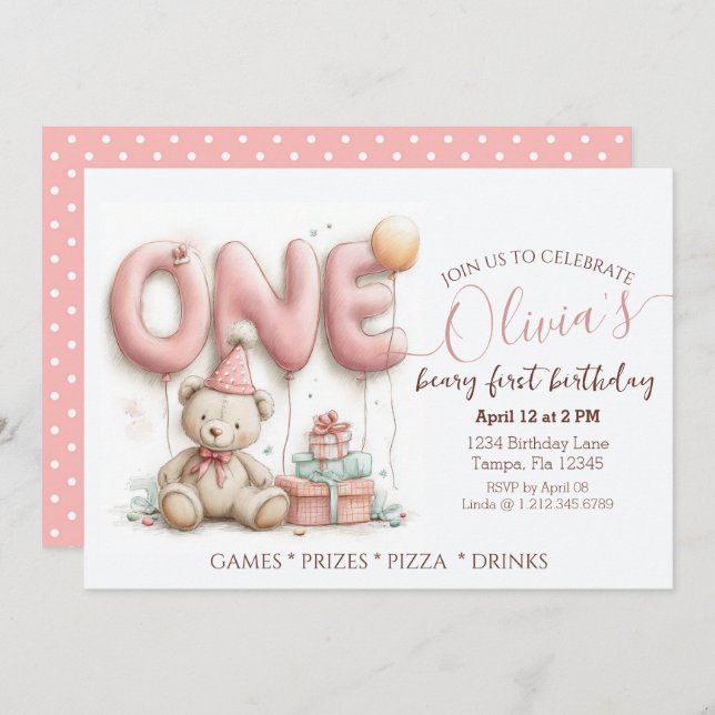 Convite Sweet First Birthday Invitation with Teddy Bear  (Frente/Verso)