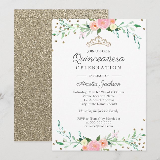 Convite Sweet Floral Sparkle Confetti Quinceanera (Frente/Verso)