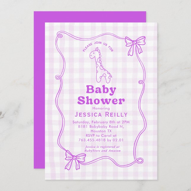 Convite Sweet Giraffe Plaid Bow Elegant Baby Shower (Frente/Verso)