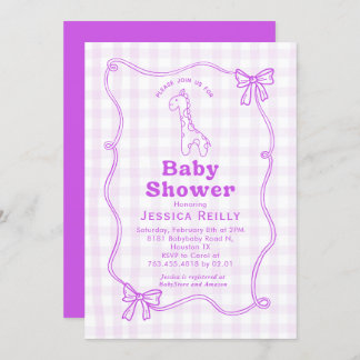 Convite Sweet Giraffe Plaid Bow Elegant Baby Shower