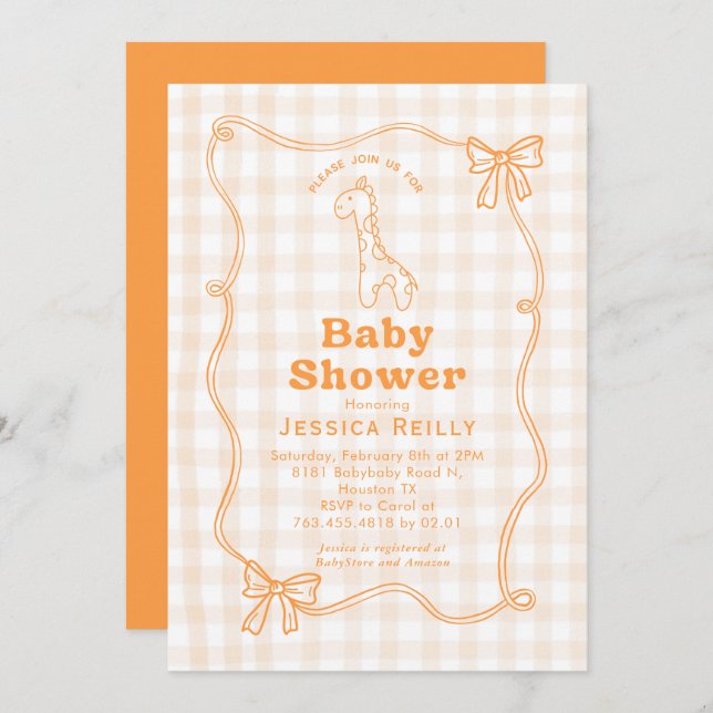 Convite Sweet Giraffe Plaid Bow Elegant Baby Shower  (Frente/Verso)