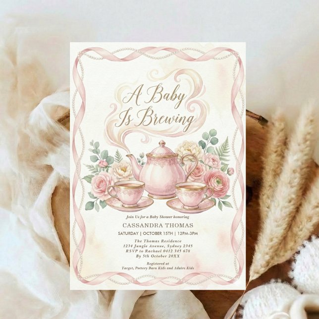 Convite Sweet Is Brewing Blush Floral Baby Shower Tea (Criador carregado)
