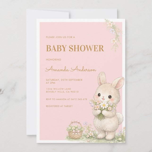 Convite Sweet Little Bunny Floral Baby Shower (Frente)