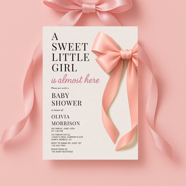 Convite Sweet Little Girl is Almost Here Bow Baby Shower (Criador carregado)