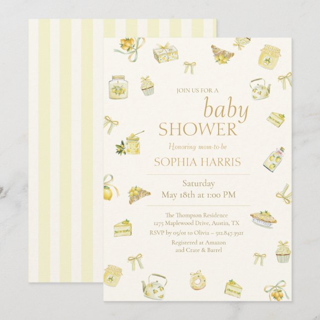 Convite Sweet Little Lemon Watercolor Baby Shower (Frente/Verso)