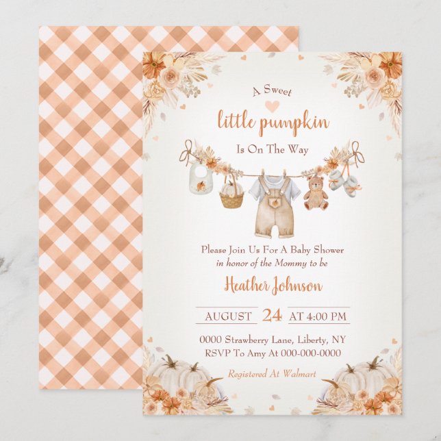 Convite Sweet Little Pumpkin Autumn Baby Shower (Frente/Verso)