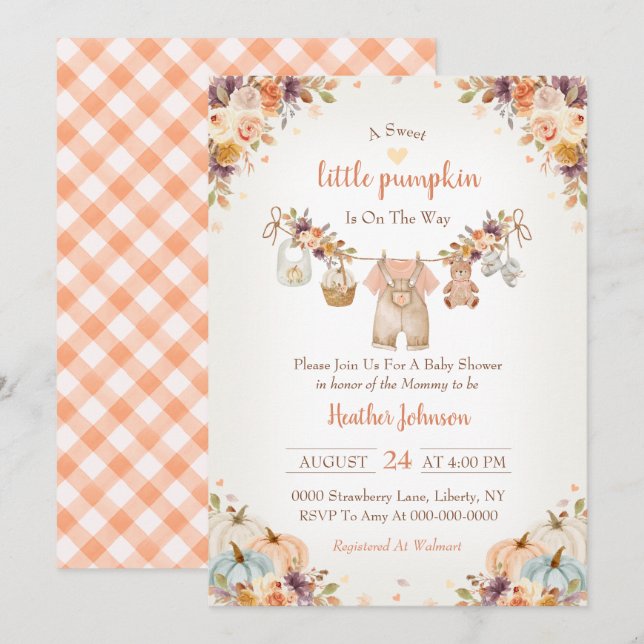 Convite Sweet Little Pumpkin Autumn Baby Shower (Frente/Verso)