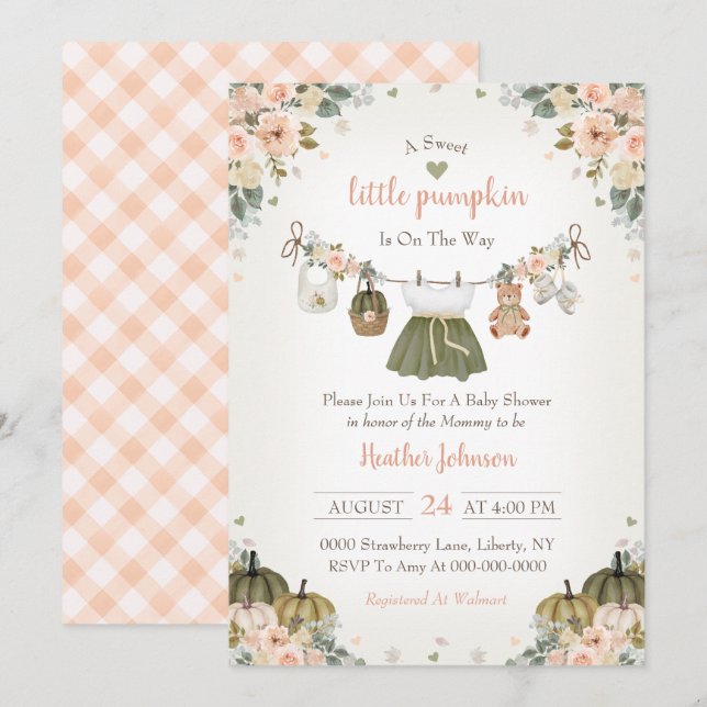 Convite Sweet Little Pumpkin Autumn Baby Shower Invitation (Frente/Verso)