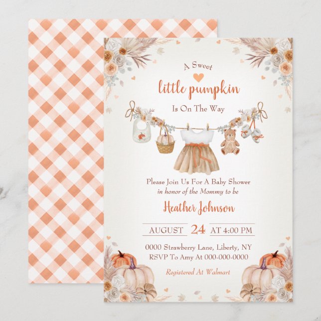 Convite Sweet Little Pumpkin Autumn Baby Shower Invitation (Frente/Verso)