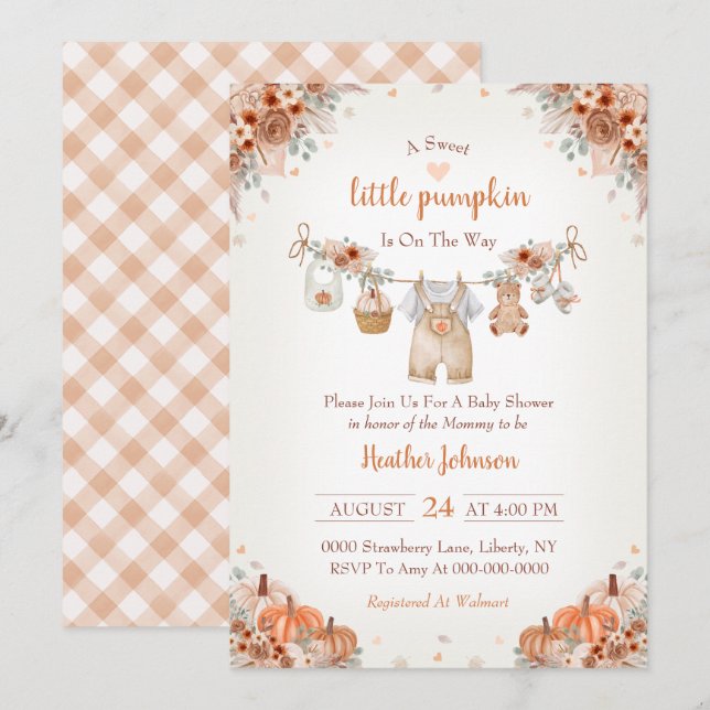 Convite Sweet Little Pumpkin Autumn Baby Shower Invitation (Frente/Verso)