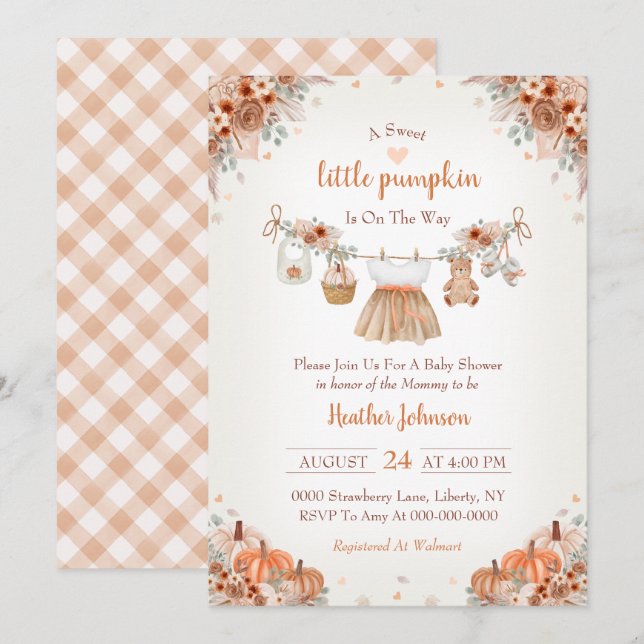 Convite Sweet Little Pumpkin Autumn Baby Shower Invitation (Frente/Verso)
