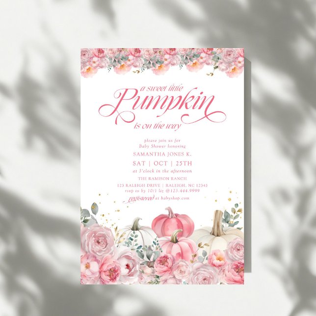 Convite Sweet Little Pumpkin Pink Floral Fall Baby Shower (Criador carregado)