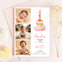 Convite Sweet Modern 1st Birthday Invitation Photo Collage