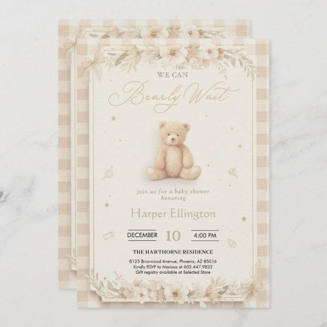 Convite Sweet Neutral Teddy Bear Baby Shower Invite (Frente/Verso)