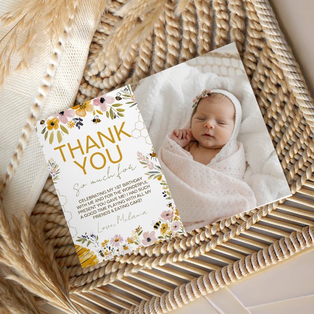 Convite Sweet One Bee Photo Thank You Card (Criador carregado)