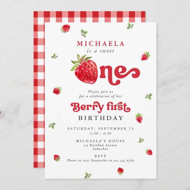 Convite Sweet One Berry First Birthday Strawberry Gingham (Frente/Verso)