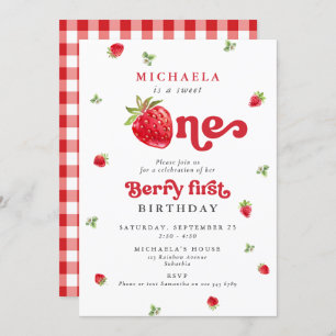 Convite Sweet One Berry First Birthday Strawberry Gingham