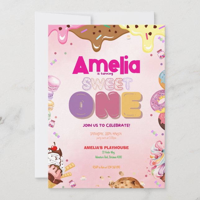 Convite Sweet One First Birthday Invitation | Candy-Themed (Frente)