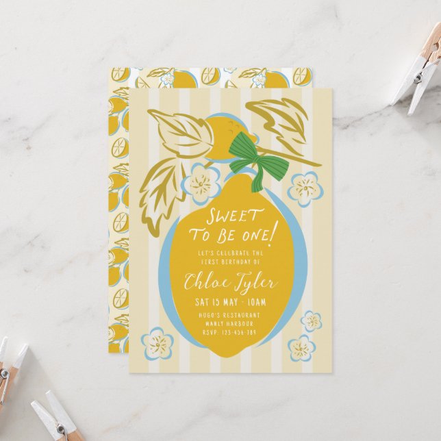 Convite Sweet One First Birthday Invite Boy Lemon 1st (Frente/Verso In Situ)