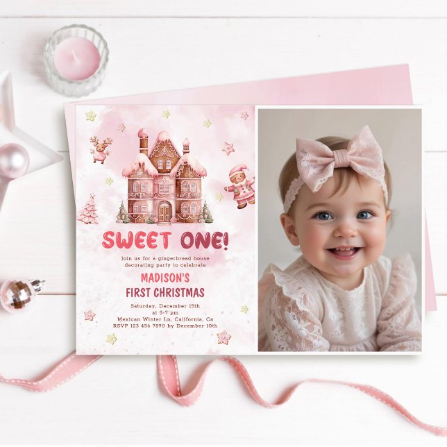 Convite Sweet One First Birthday Pink Gingerbird Foto (Criador carregado)