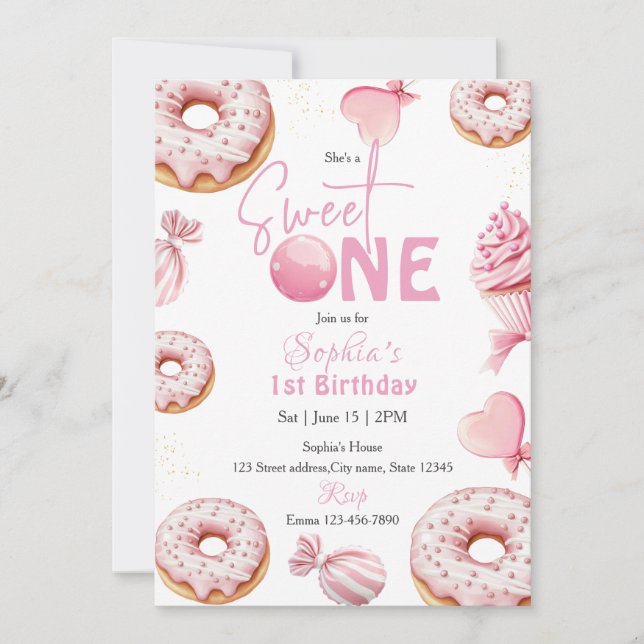 Convite Sweet One Girl 1st Birthday (Frente)