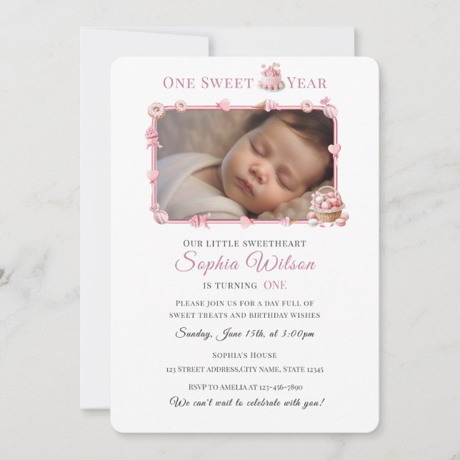 Convite Sweet One Girl 1st Birthday Invitation with Photo (Frente)
