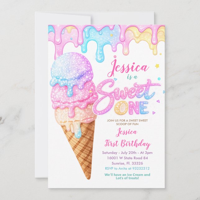 Convite Sweet One Ice Cream Pastel Glitter Birthday  (Frente)
