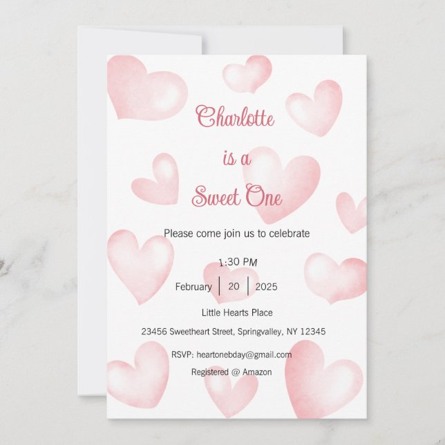 Convite Sweet One Invitation, Sweetheart One Party, Heart (Frente)
