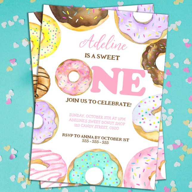 Convite Sweet One Rosquinha primeiro aniversario Girl Wate (Sweet One Donut 1st Birthday Invitation for Girls)