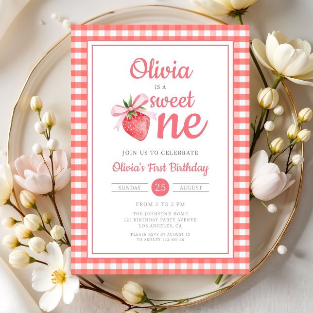 Convite Sweet One Strawberry 1st Birthday (Sweet One Strawberry 1st Birthday Invitation)